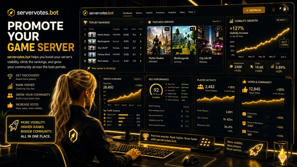 ServerVotes Bot dashboard with live votes, ranking growth and player activity